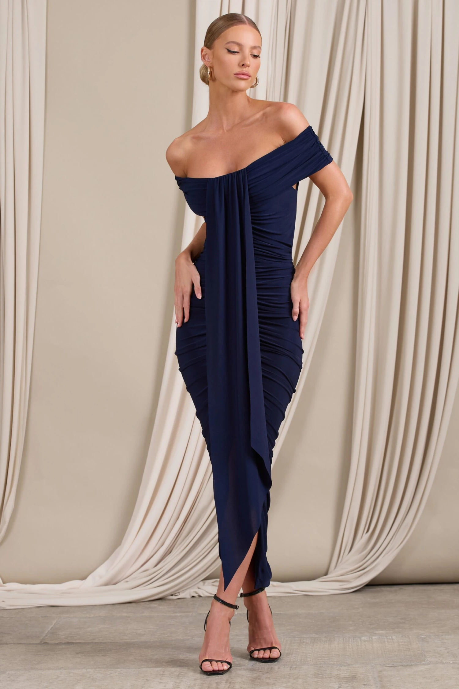 Camrin | Navy Ruched Bardot Maxi Dress With Train Detail 5 Camrin | Navy Ruched Bardot Maxi Dress With Train Detail - Image 5
