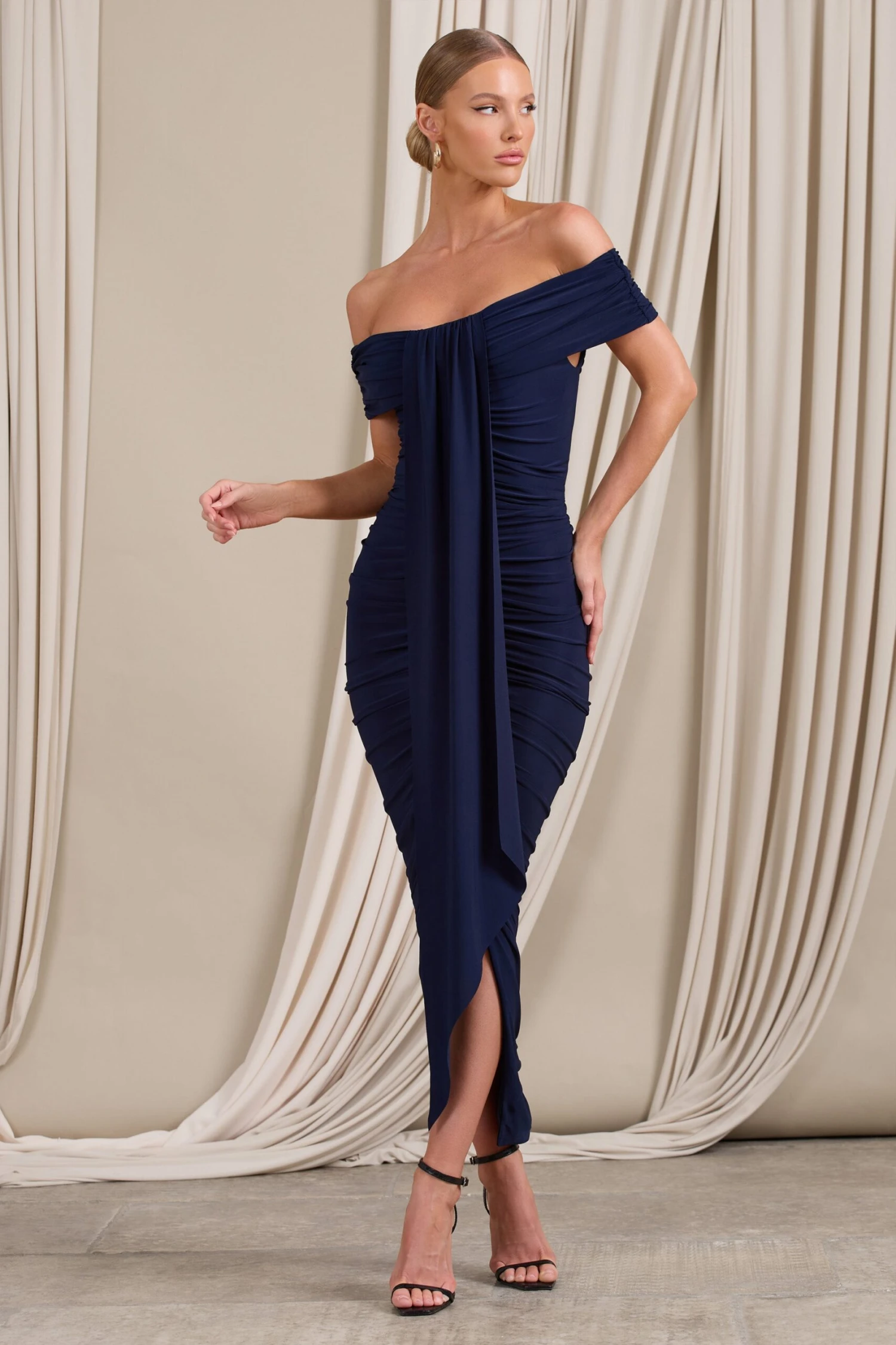 Camrin | Navy Ruched Bardot Maxi Dress With Train Detail 1 Camrin | Navy Ruched Bardot Maxi Dress With Train Detail