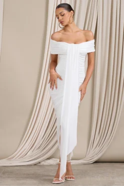 Camrin | White Ruched Bardot Maxi Dress With Train Detail -Stylixon Sales Store WB CL129362028 CamrinWhiteRuchedBardotMaxiDressWithTrainDetail0 scaled
