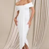 Camrin | White Ruched Bardot Maxi Dress With Train Detail
