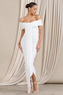 Camrin | White Ruched Bardot Maxi Dress With Train Detail -Stylixon Sales Store WB CL129362028 CamrinWhiteRuchedBardotMaxiDressWithTrainDetail2 scaled