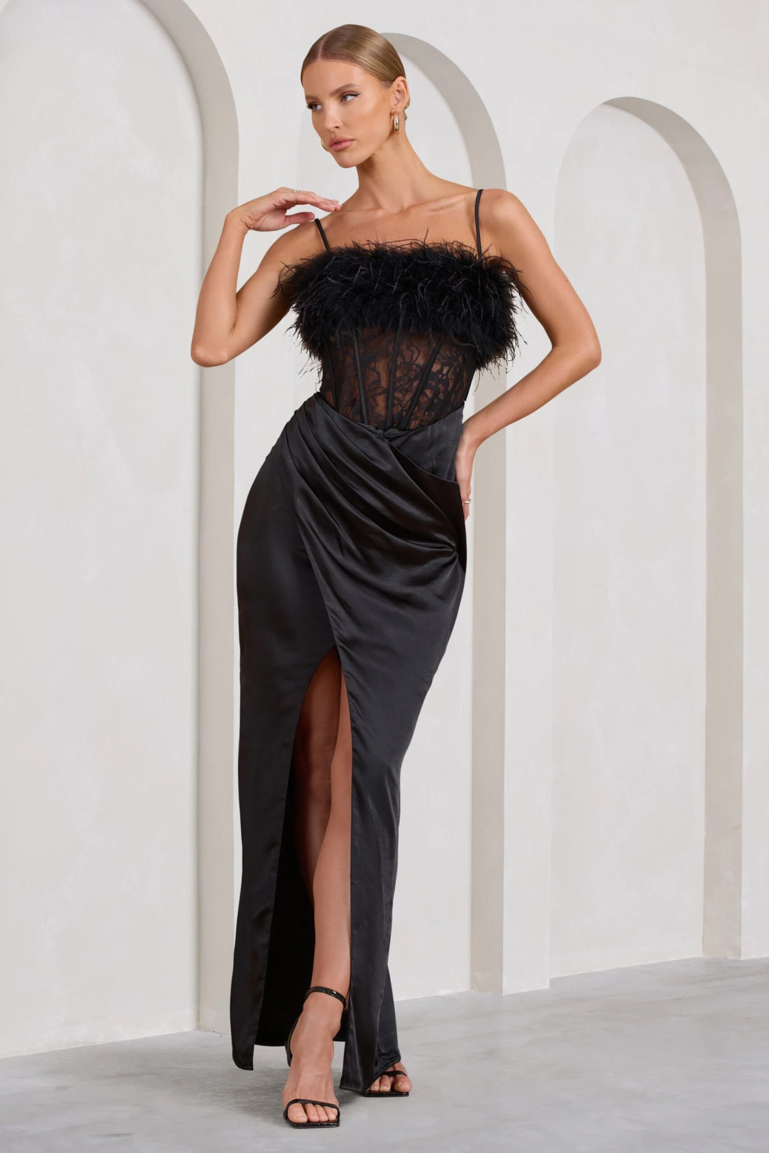 Countess | Black Lace Corset Maxi Dress With Feather Trim 5 Countess | Black Lace Corset Maxi Dress With Feather Trim - Image 5