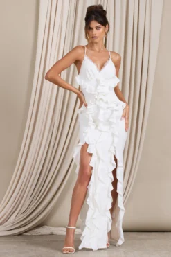 Clematis | White Lace Strappy Ruffled Maxi Dress -Stylixon Sales Store WB CL129366005 ClematisWhiteLaceStrappyRuffledMaxiDress3 scaled