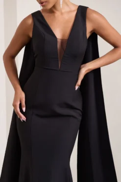 Rosaline | Black Plunging Fishtail Maxi Dress With Cape -Stylixon Sales Store WB CL129377002 Rosaline BlackPlungingFishtailMaxiDressWithCape6 4fce3da7 88e0 4033 a358 b84702d738ae scaled