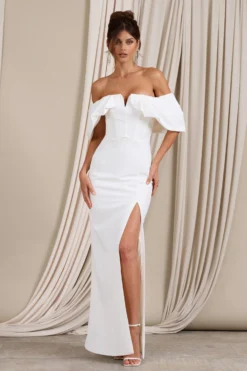 Graces | White Structured Bardot Split Maxi Dress -Stylixon Sales Store WB CL129394005 GraceWhiteStructuredBardotSplitMaxiDress1 scaled