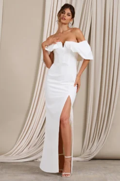 Graces | White Structured Bardot Split Maxi Dress -Stylixon Sales Store WB CL129394005 GraceWhiteStructuredBardotSplitMaxiDress2 scaled