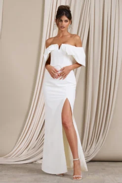 Graces | White Structured Bardot Split Maxi Dress