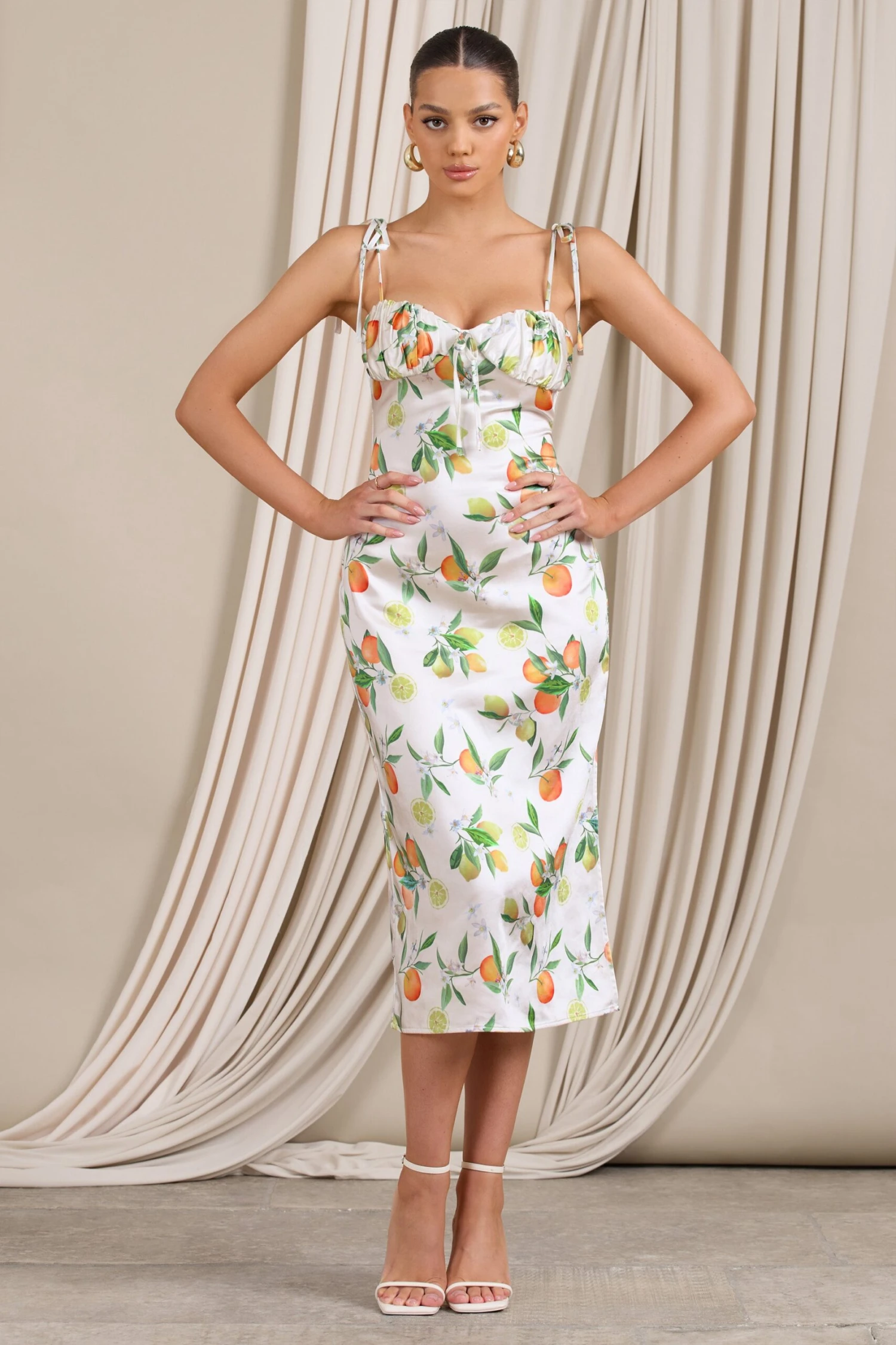 Lady Vitti | Lemon Print Satin Strappy Split Midi Dress 4 Lady Vitti | Lemon Print Satin Strappy Split Midi Dress - Image 4