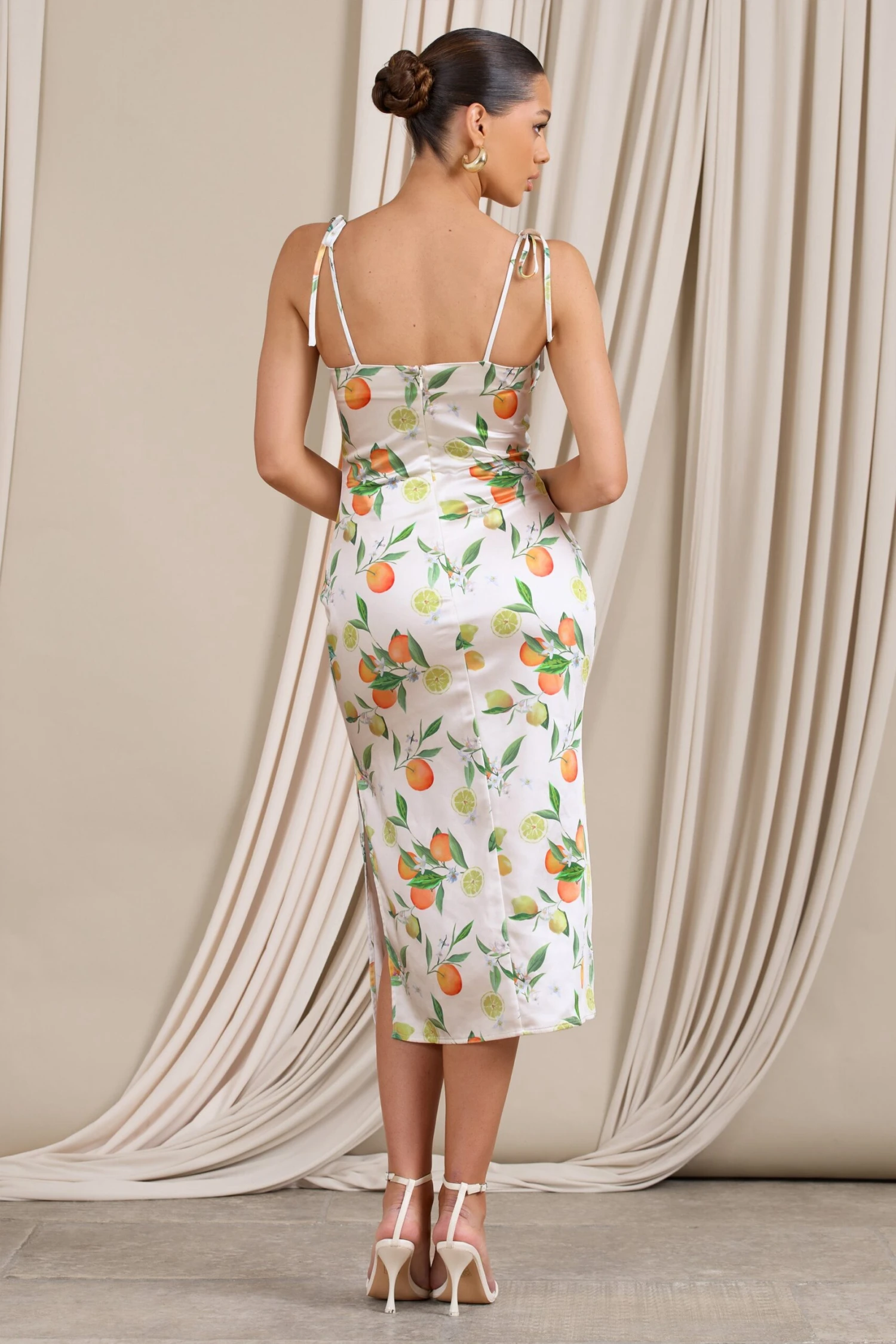 Lady Vitti | Lemon Print Satin Strappy Split Midi Dress 2 Lady Vitti | Lemon Print Satin Strappy Split Midi Dress - Image 2