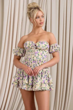 Piazza Play | Lilac Print Ruffled Corset Bardot Playsuit -Stylixon Sales Store WB CL129413147 PiazzaPlayFloralPrintRuffledCorsetBardotPlaysuit2 d1ef8d7c 0226 4f8d b05e 074f5941c95a scaled