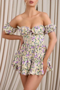 Piazza Play | Lilac Print Ruffled Corset Bardot Playsuit -Stylixon Sales Store WB CL129413147 PiazzaPlayFloralPrintRuffledCorsetBardotPlaysuit4 52bef9ea 338f 4d45 9261 1a17d7febb25 scaled