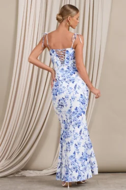 Canaiolo | Blue Floral Strappy Corset Split Maxi Dress -Stylixon Sales Store WB CL129418144 CanaioloBlueFloralStrappyCorsetSplitMaxiDress6 scaled