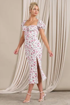 Two Scoops | Pink Floral Puff-Sleeved Corset Split Midi Dress -Stylixon Sales Store WB CL129480147 TwoScoops PinkFloral5 scaled