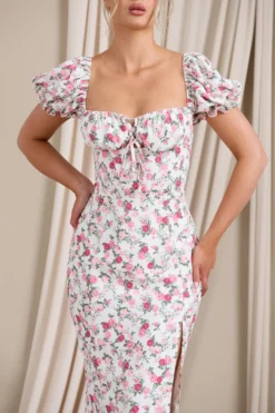 Two Scoops | Pink Floral Puff-Sleeved Corset Split Midi Dress -Stylixon Sales Store WB CL129480147 TwoScoops PinkFloral6 scaled