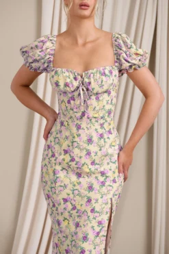 Two Scoops | Yellow Floral Puff-Sleeved Corset Split Midi Dress -Stylixon Sales Store WB CL129480147 TwoScoops YellowFloral6 scaled