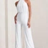 Maddie | White Backless Halter Neck Ruched Jumpsuit