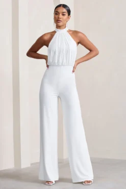 Maddie | White Backless Halter Neck Ruched Jumpsuit -Stylixon Sales Store WB CL129533005 Maddie WhiteBacklessHalterNeckRuchedJumpsuit2 scaled