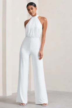 Maddie | White Backless Halter Neck Ruched Jumpsuit -Stylixon Sales Store WB CL129533005 Maddie WhiteBacklessHalterNeckRuchedJumpsuit3 scaled