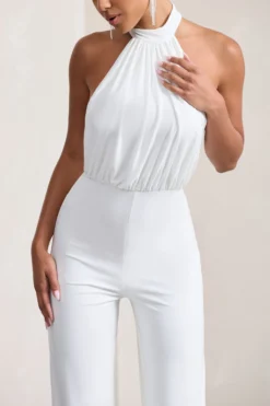 Maddie | White Backless Halter Neck Ruched Jumpsuit -Stylixon Sales Store WB CL129533005 Maddie WhiteBacklessHalterNeckRuchedJumpsuit4 scaled