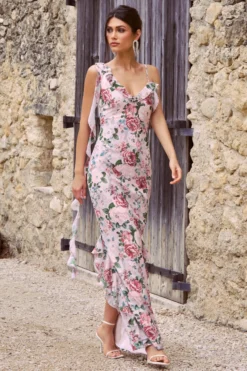 Leading Lady | Pink Floral Print Chiffon Asymmetric Ruffle Maxi Dress -Stylixon Sales Store WB CL129536146 scaled