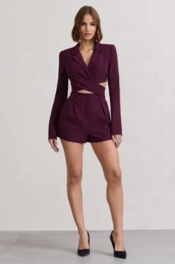 Madison | Plum Plunge Tie Waist Tailored Playsuit