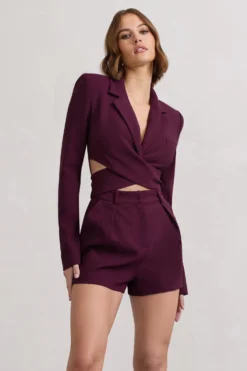 Madison | Plum Plunge Tie Waist Tailored Playsuit -Stylixon Sales Store WB CL129729167 MadisonBurgundyPlungeTieWaistTailoredPlaysuit8 scaled