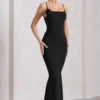 Alora | Black Strappy Lace-Up Maxi Dress With Flower Corsage