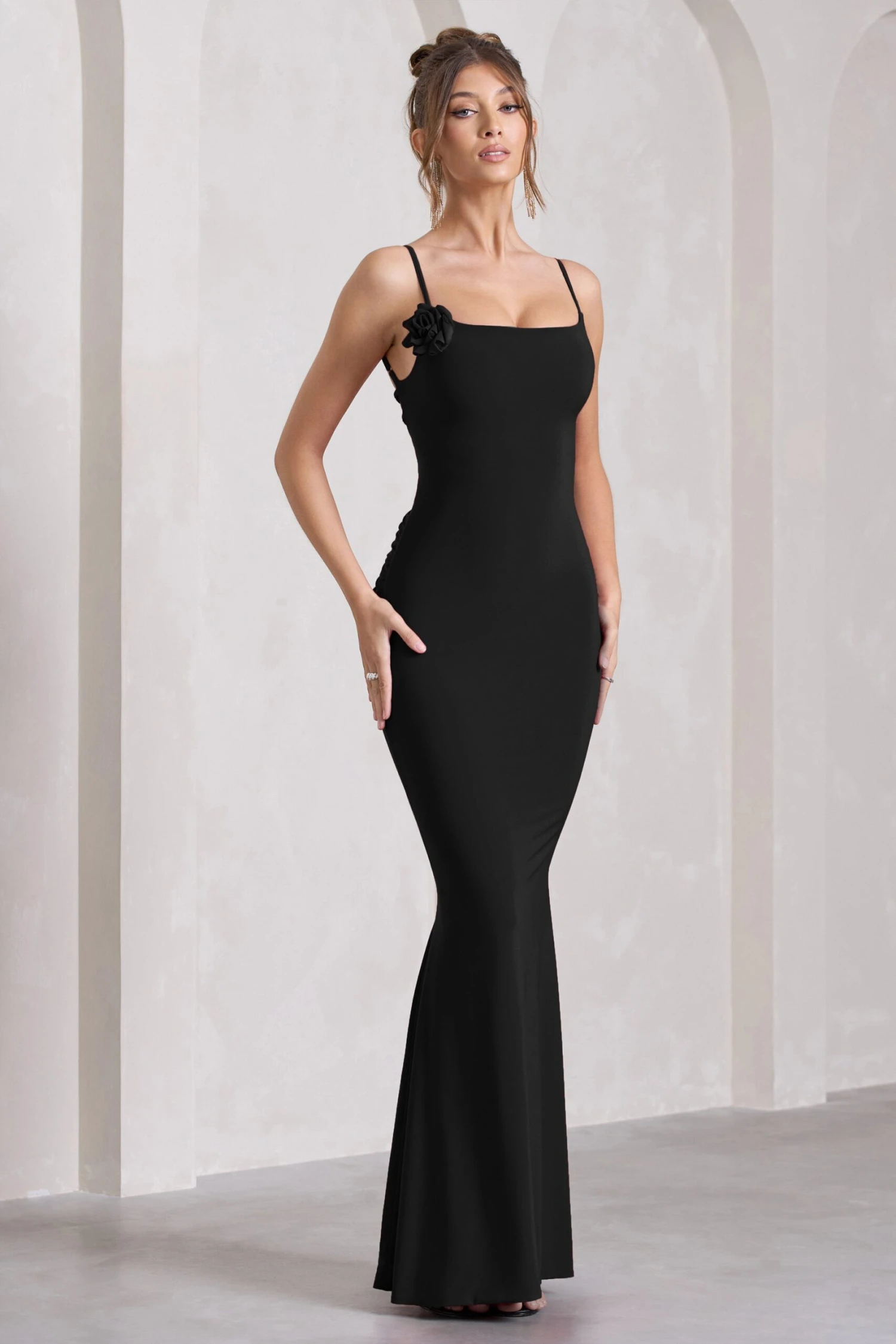 Alora | Black Strappy Lace-Up Maxi Dress With Flower Corsage 1 Alora | Black Strappy Lace-Up Maxi Dress With Flower Corsage