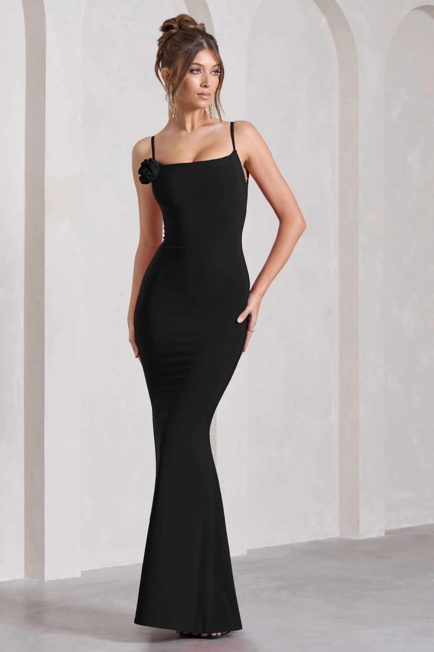 Alora | Black Strappy Lace-Up Maxi Dress With Flower Corsage 5 Alora | Black Strappy Lace-Up Maxi Dress With Flower Corsage - Image 5