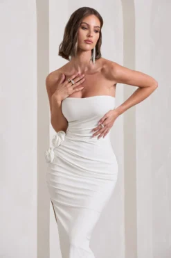 My Muse | White Ruched Bandeau Split Maxi Dress With Flowers -Stylixon Sales Store WB CL129767005 MyMuseWhiteRuchedBandeauSplitMaxiDressWithFlowers17 scaled