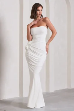 My Muse | White Ruched Bandeau Split Maxi Dress With Flowers -Stylixon Sales Store WB CL129767005 MyMuseWhiteRuchedBandeauSplitMaxiDressWithFlowers6 scaled