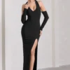 Solana | Black Halter-Neck Long-Sleeve Split Maxi Dress