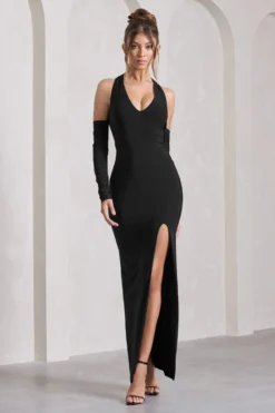 Solana | Black Halter-Neck Long-Sleeve Split Maxi Dress 8 Solana | Black Halter-Neck Long-Sleeve Split Maxi Dress -Stylixon Sales Store WB CL129774002 SolanaBlackHalter NeckLong SleeveSplitMaxiDress3 scaled