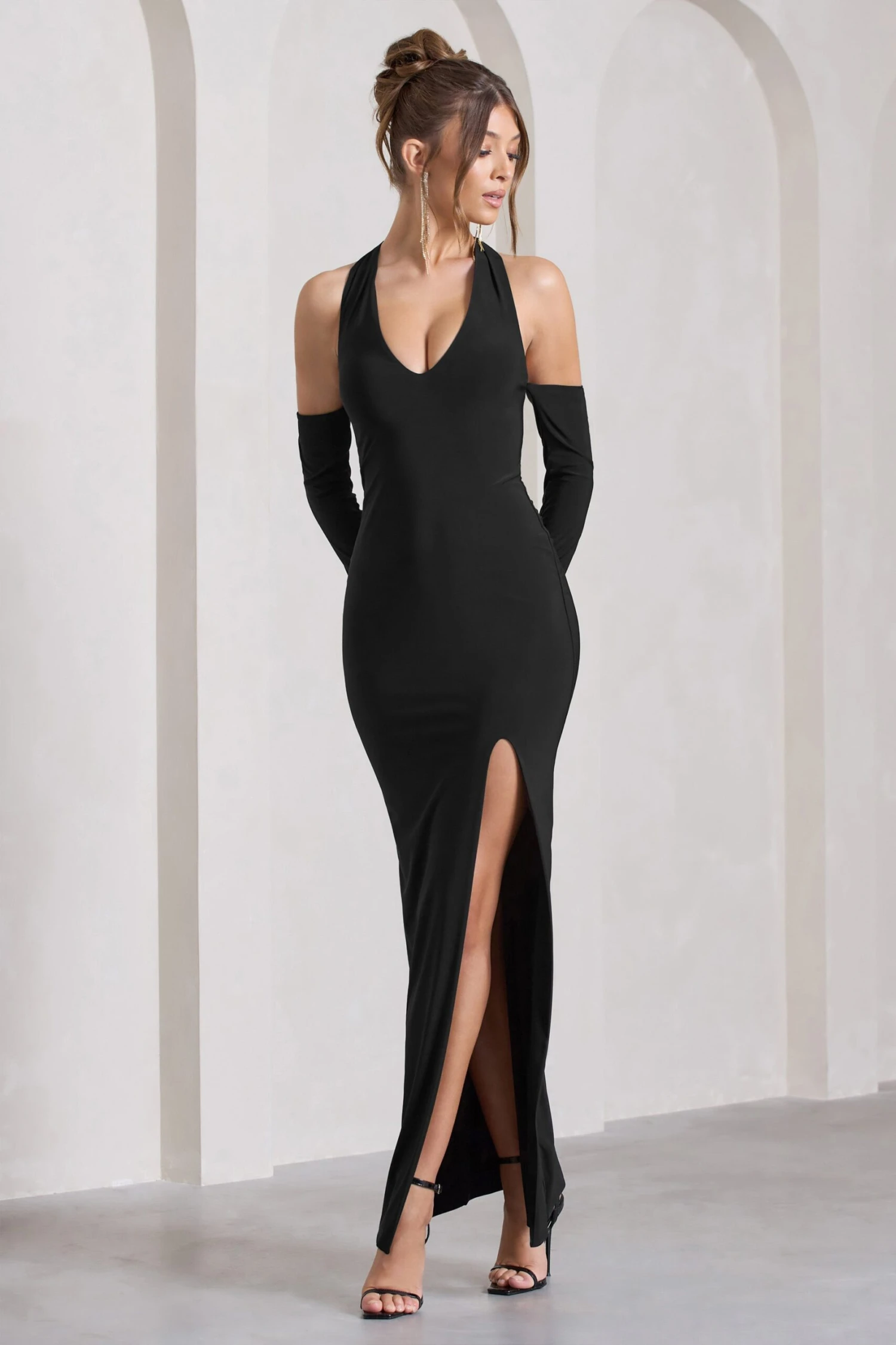 Solana | Black Halter-Neck Long-Sleeve Split Maxi Dress 5 Solana | Black Halter-Neck Long-Sleeve Split Maxi Dress - Image 5