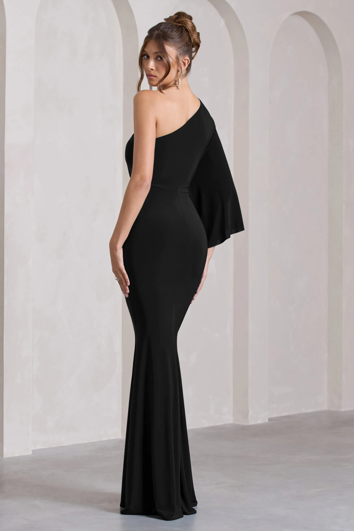 Luciana | Black Asymmetric Maxi Dress With Drape Sleeve 2 Luciana | Black Asymmetric Maxi Dress With Drape Sleeve - Image 2