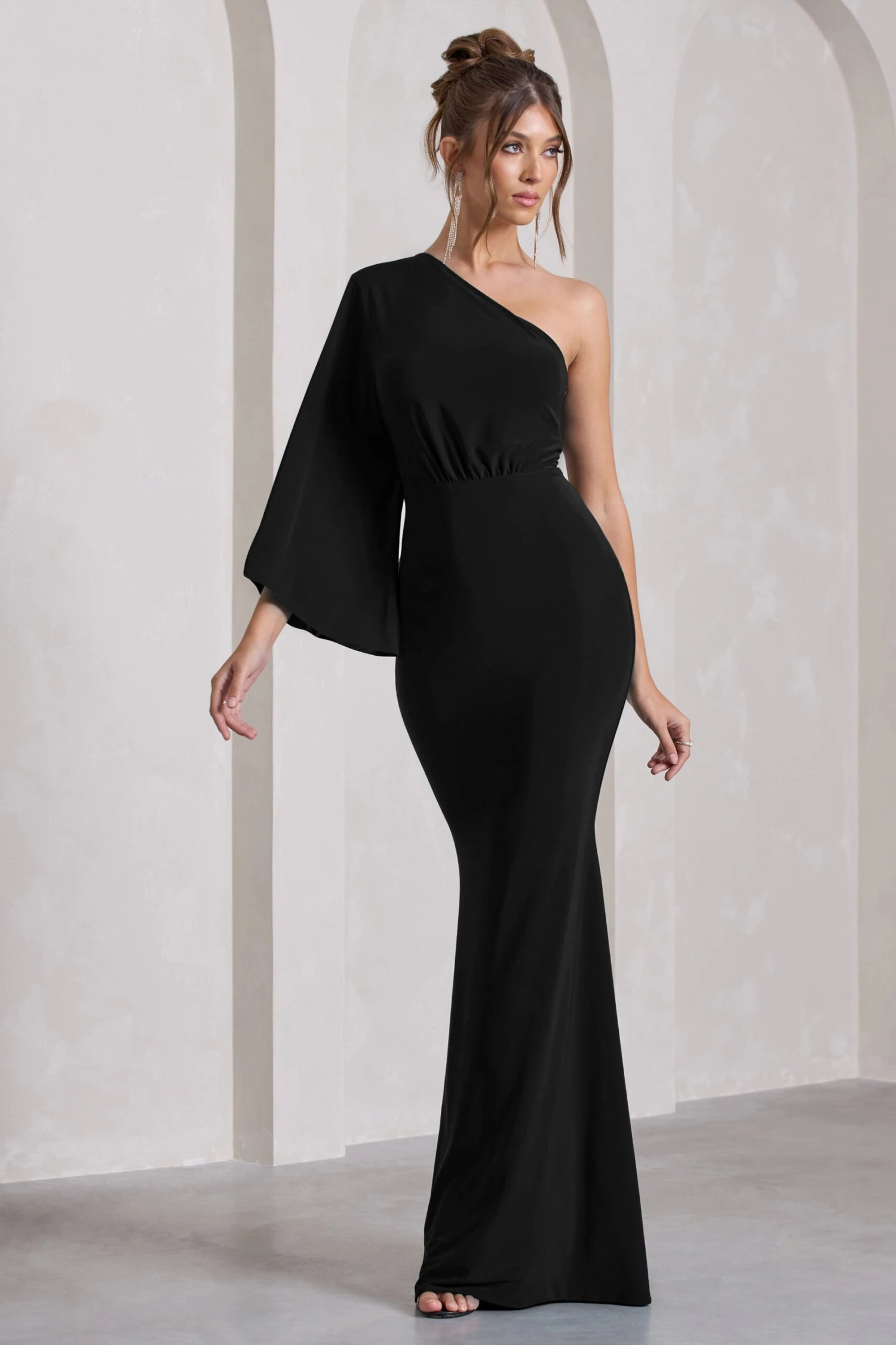 Luciana | Black Asymmetric Maxi Dress With Drape Sleeve 1 Luciana | Black Asymmetric Maxi Dress With Drape Sleeve