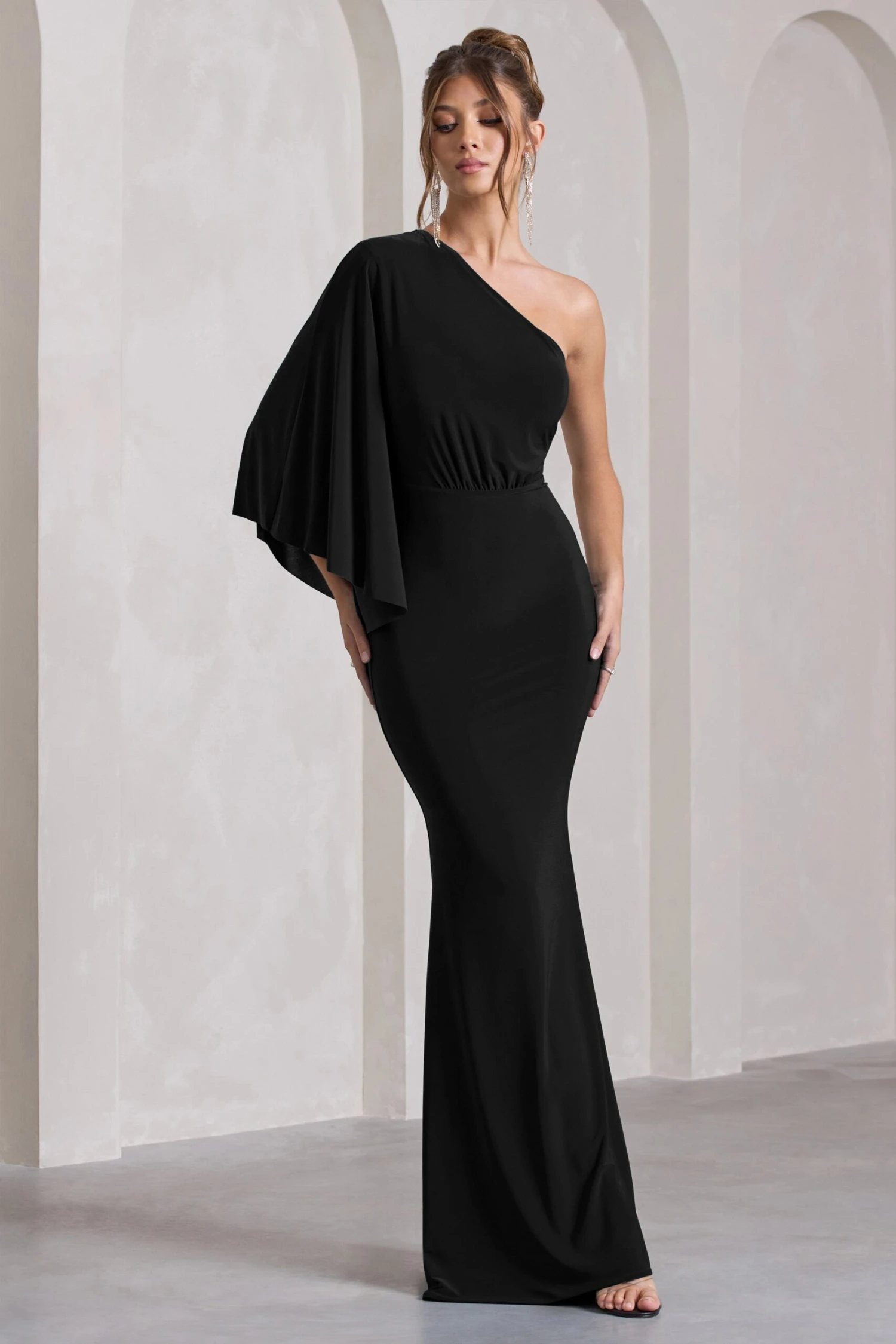 Luciana | Black Asymmetric Maxi Dress With Drape Sleeve 4 Luciana | Black Asymmetric Maxi Dress With Drape Sleeve - Image 4