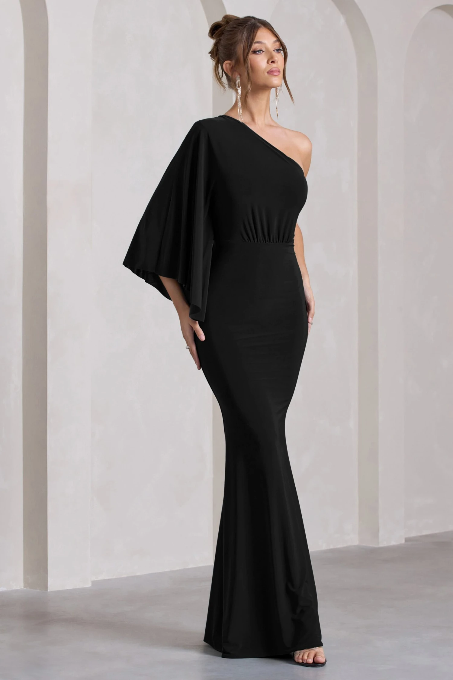 Luciana | Black Asymmetric Maxi Dress With Drape Sleeve 5 Luciana | Black Asymmetric Maxi Dress With Drape Sleeve - Image 5