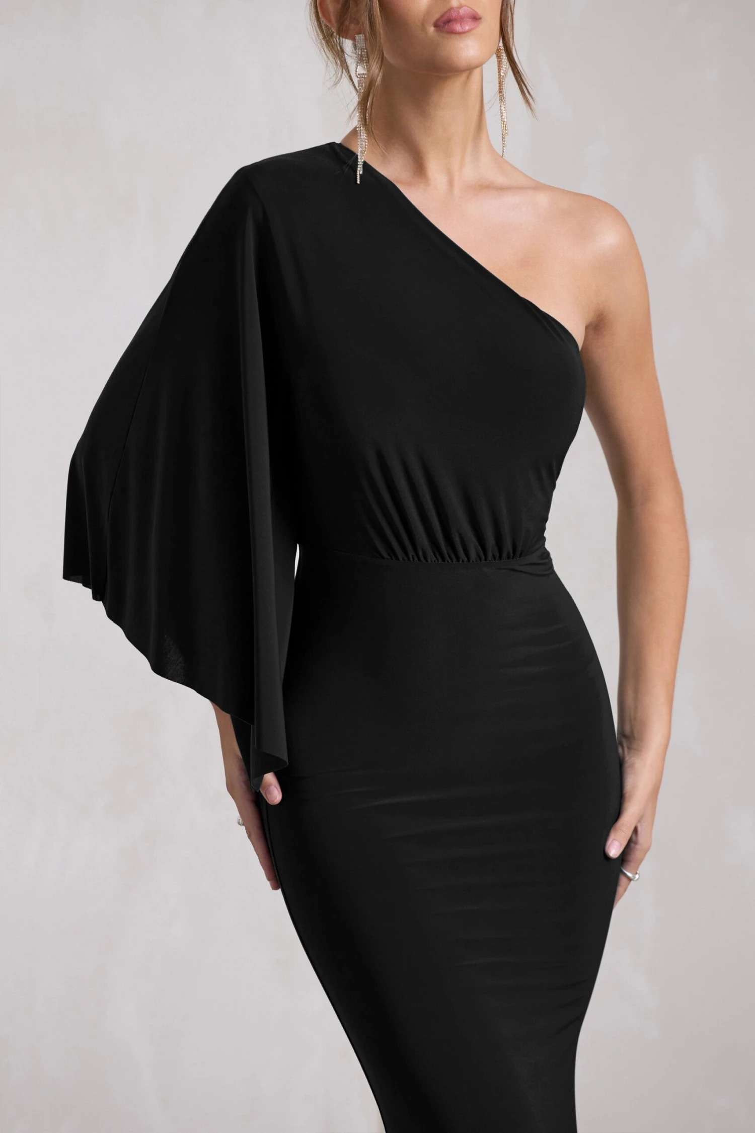 Luciana | Black Asymmetric Maxi Dress With Drape Sleeve 3 Luciana | Black Asymmetric Maxi Dress With Drape Sleeve - Image 3