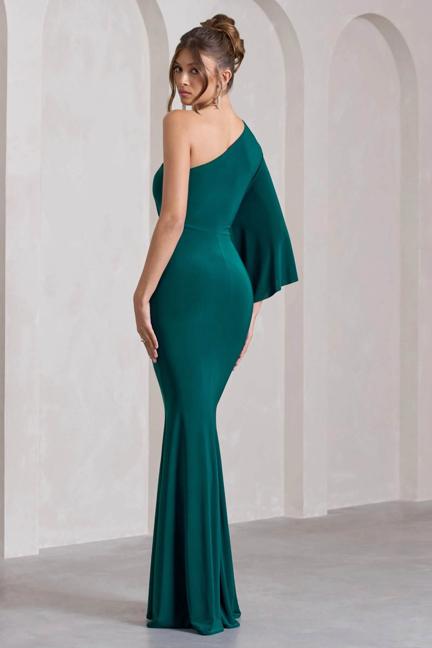 Luciana | Bottle Green Asymmetric Maxi Dress With Drape Sleeve 2 Luciana | Bottle Green Asymmetric Maxi Dress With Drape Sleeve - Image 2