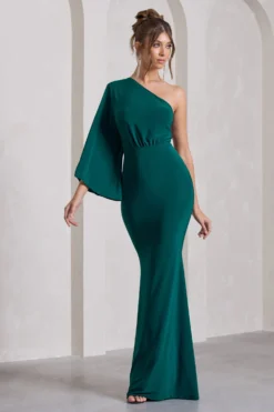 Luciana | Bottle Green Asymmetric Maxi Dress With Drape Sleeve