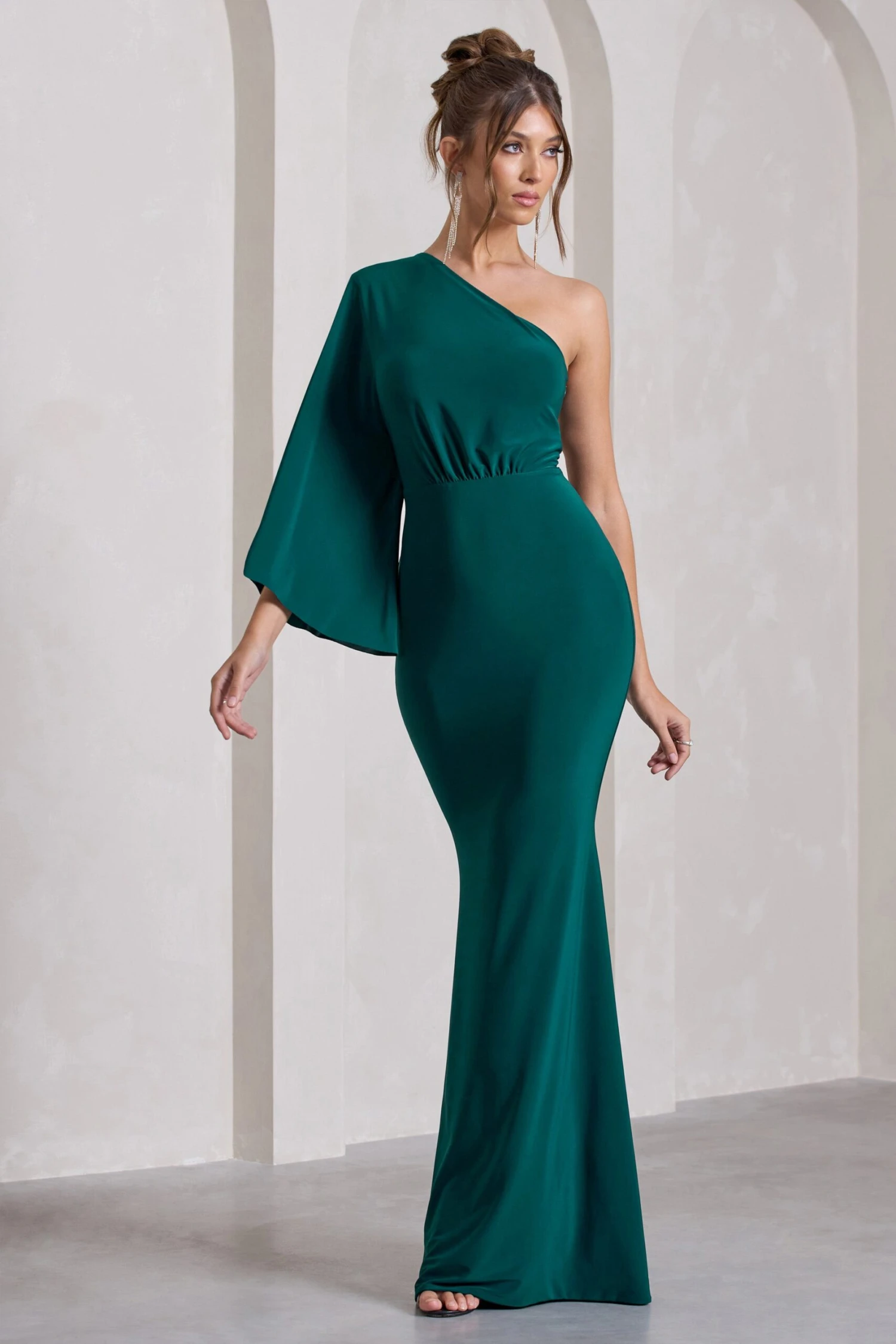 Luciana | Bottle Green Asymmetric Maxi Dress With Drape Sleeve 1 Luciana | Bottle Green Asymmetric Maxi Dress With Drape Sleeve