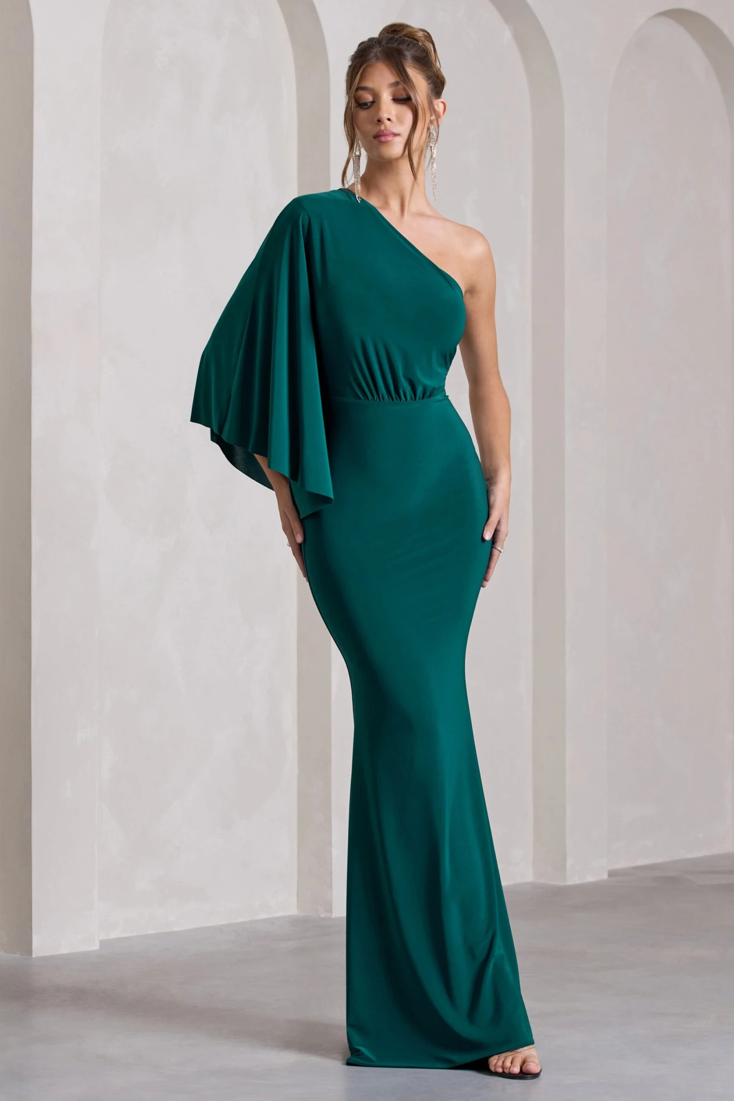 Luciana | Bottle Green Asymmetric Maxi Dress With Drape Sleeve 4 Luciana | Bottle Green Asymmetric Maxi Dress With Drape Sleeve - Image 4