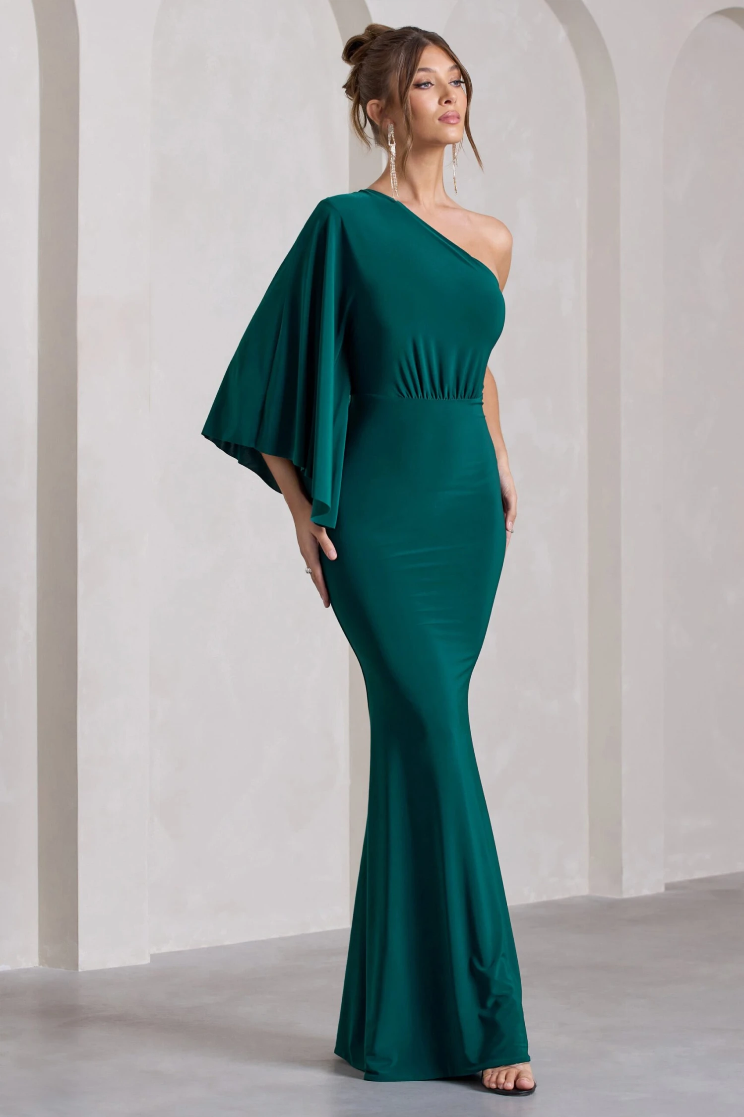 Luciana | Bottle Green Asymmetric Maxi Dress With Drape Sleeve 5 Luciana | Bottle Green Asymmetric Maxi Dress With Drape Sleeve - Image 5