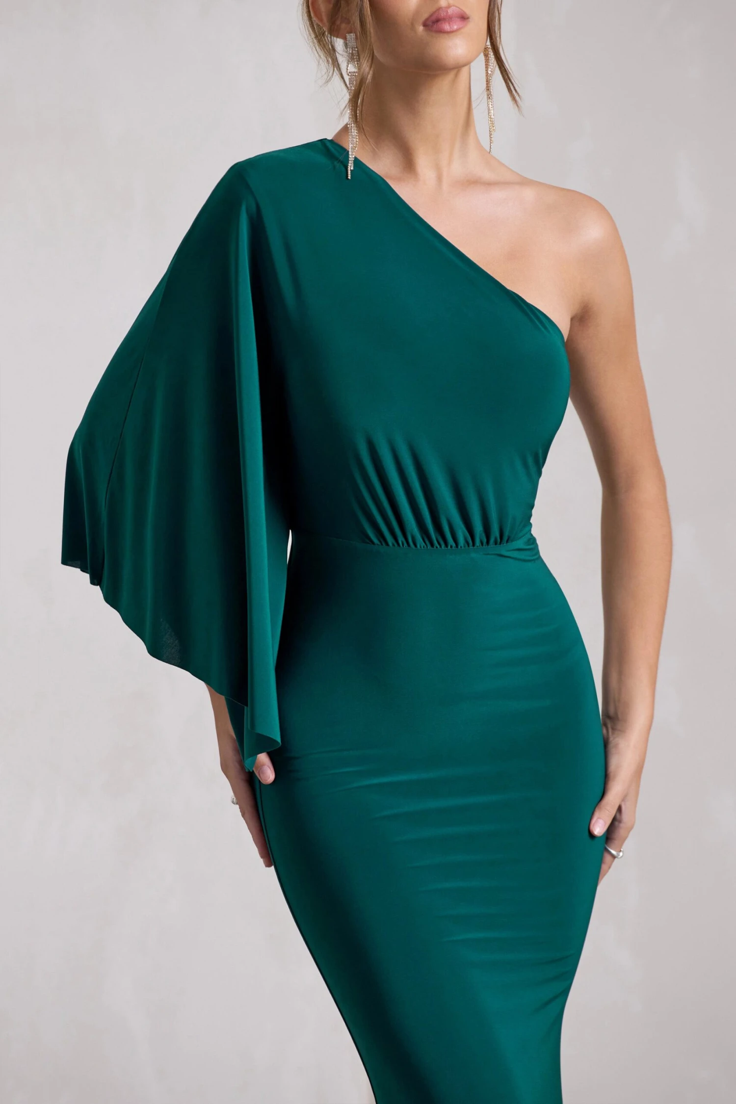 Luciana | Bottle Green Asymmetric Maxi Dress With Drape Sleeve 3 Luciana | Bottle Green Asymmetric Maxi Dress With Drape Sleeve - Image 3