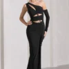 Carlina | Black Ruched Asymmetric Cut-Out Split Maxi Dress