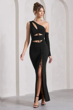 Carlina | Black Ruched Asymmetric Cut-Out Split Maxi Dress 8 Carlina | Black Ruched Asymmetric Cut-Out Split Maxi Dress -Stylixon Sales Store WB CL129789002 CarlinaBlackRuchedAsymmetricCut OutSplitMaxiDress2 scaled