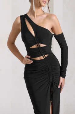 Carlina | Black Ruched Asymmetric Cut-Out Split Maxi Dress 7 Carlina | Black Ruched Asymmetric Cut-Out Split Maxi Dress -Stylixon Sales Store WB CL129789002 CarlinaBlackRuchedAsymmetricCut OutSplitMaxiDress5 scaled