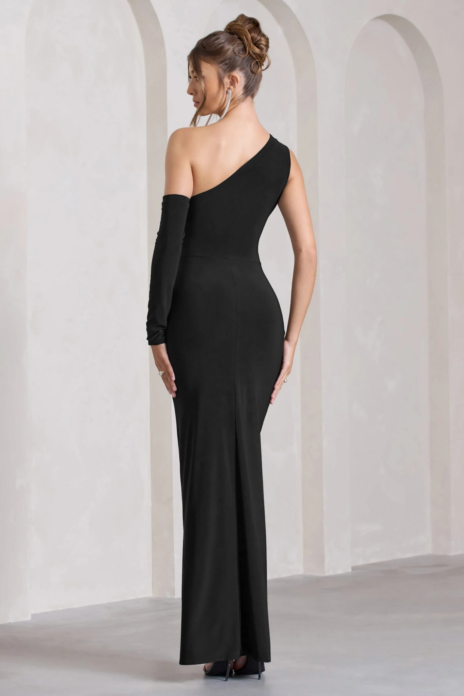 Carlina | Black Ruched Asymmetric Cut-Out Split Maxi Dress 2 Carlina | Black Ruched Asymmetric Cut-Out Split Maxi Dress - Image 2