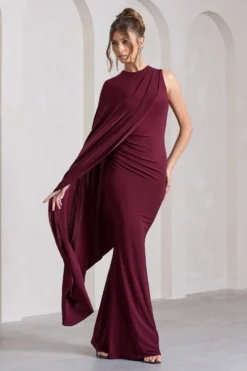 Unveil | Burgundy One-Sleeve Cape Maxi Dress -Stylixon Sales Store WB CL129803069 UnveilBurgundyOne SleeveCapeMaxiDress2 scaled